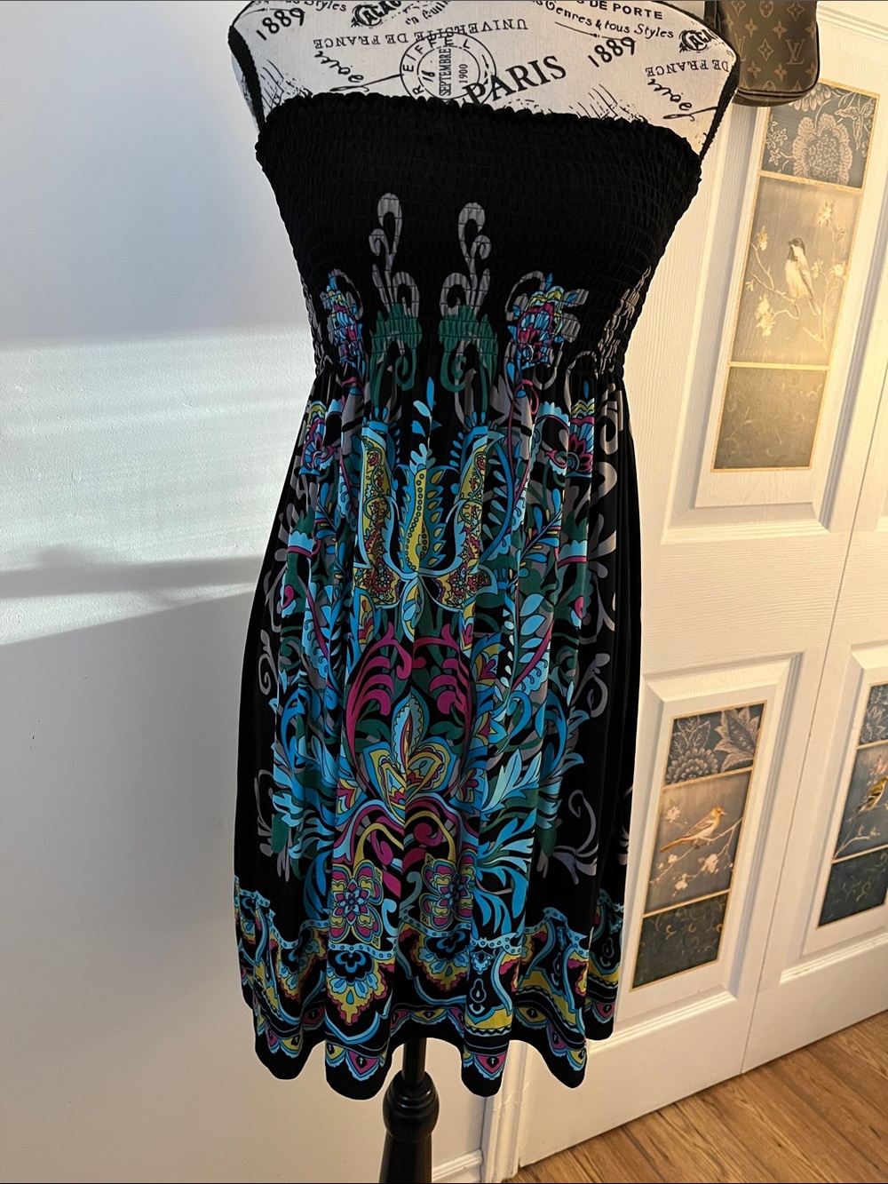 😃Black Strapless Sundress with Vibrant Multicolor Floral Paisley